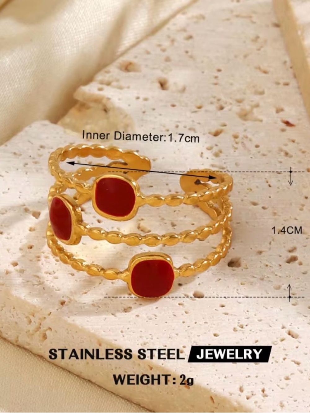 Gold Stainless Steel Women’s Open Ring with Red Stones